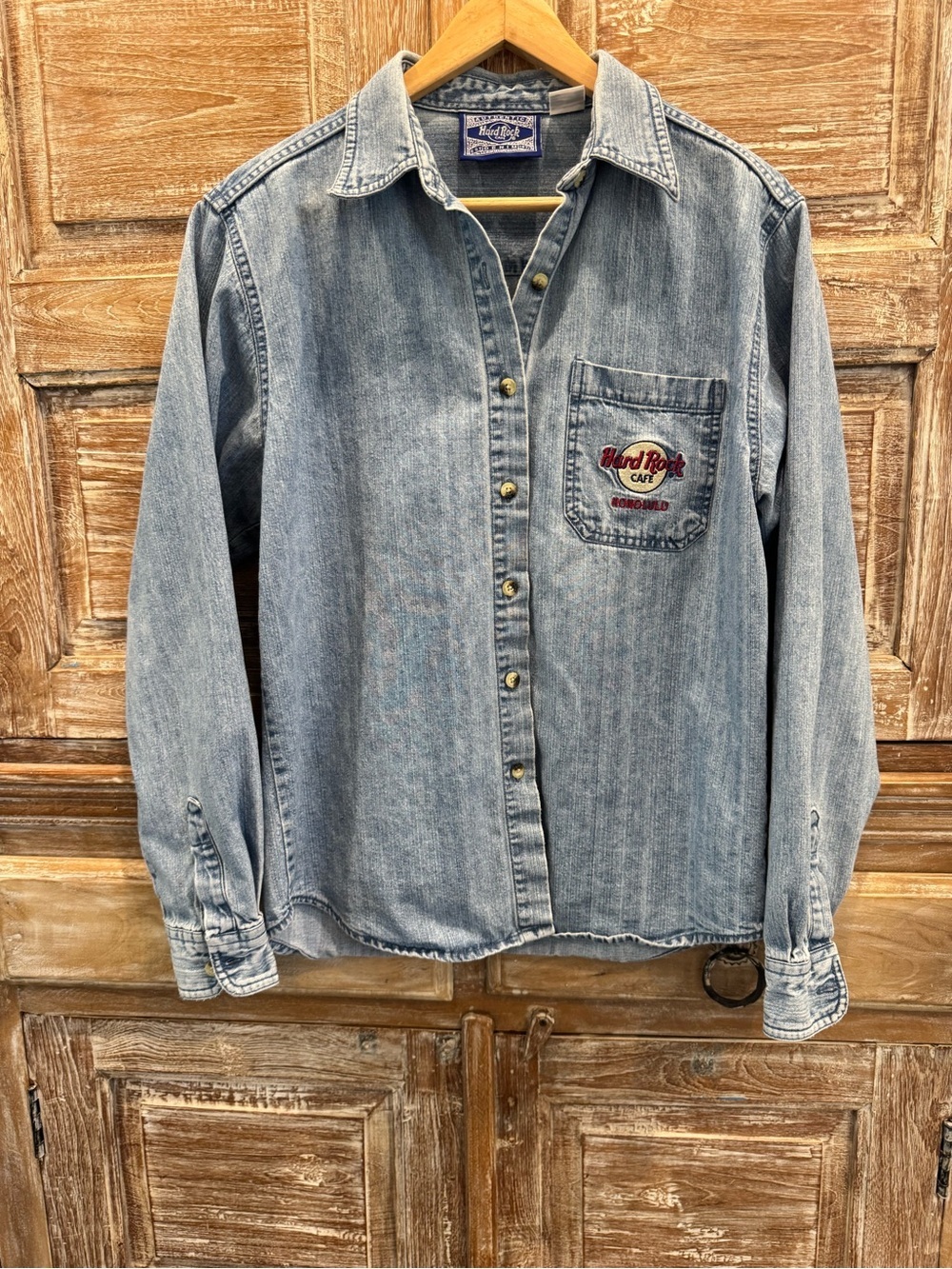 Hard Rock Cafe Light Blue Denim Button-Down Shirt with Chest Patch